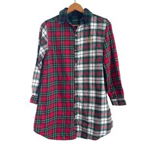 Lauren Ralph Lauren Red Green Plaid Flannel Nightshirt Medium Sleeve Monogram